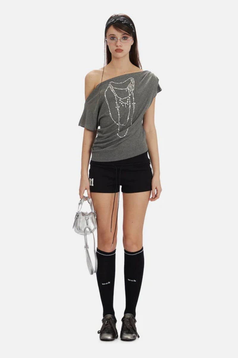 CWTTSL0435_NEW OFF-SHOULDER PURE SEXY HOT GIRL GRAY T-SHIRT