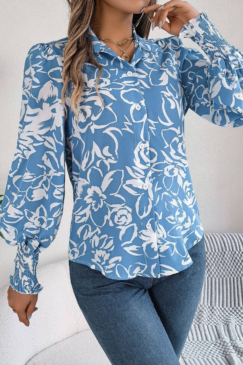 CWTSTL2127_AUTUMN FLOWER PRINT LANTERN SLEEVE SHIRT