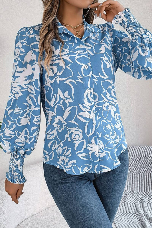 CWTSTL2127_AUTUMN FLOWER PRINT LANTERN SLEEVE SHIRT