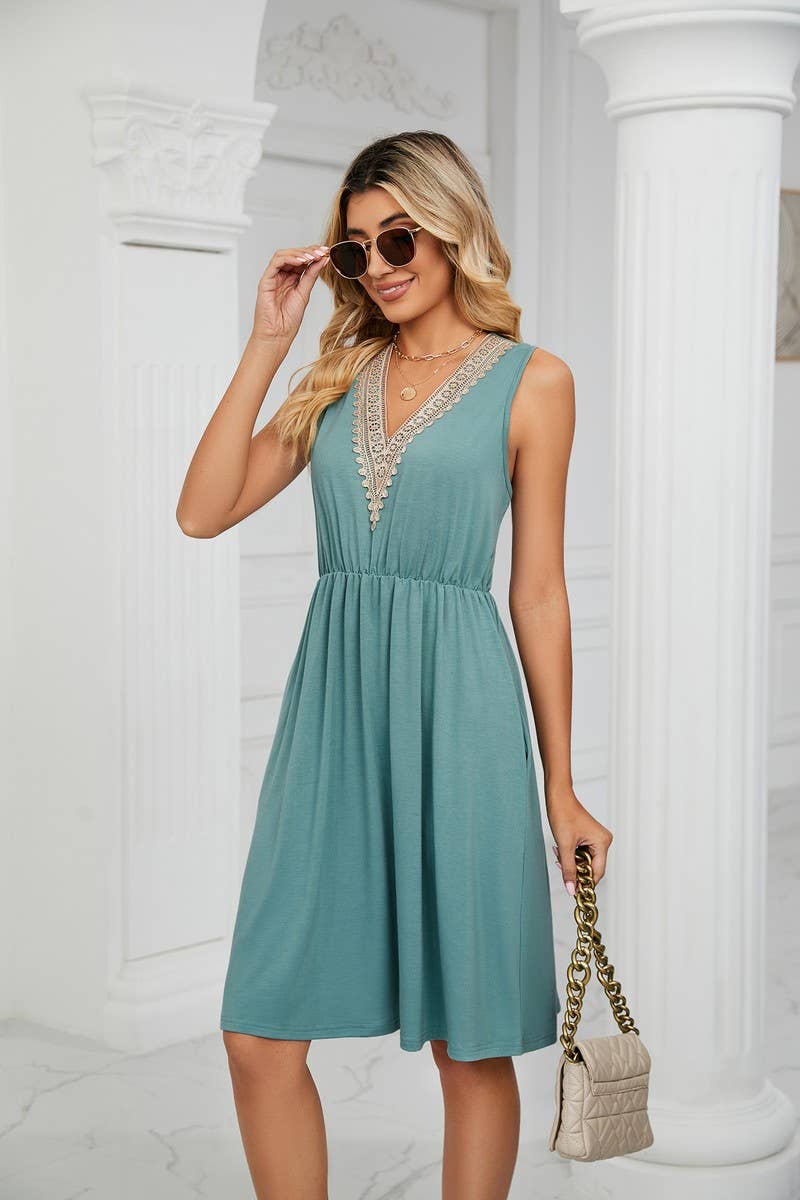 CWDSD3116_V-Neck Lace Trim Sleeveless Dress