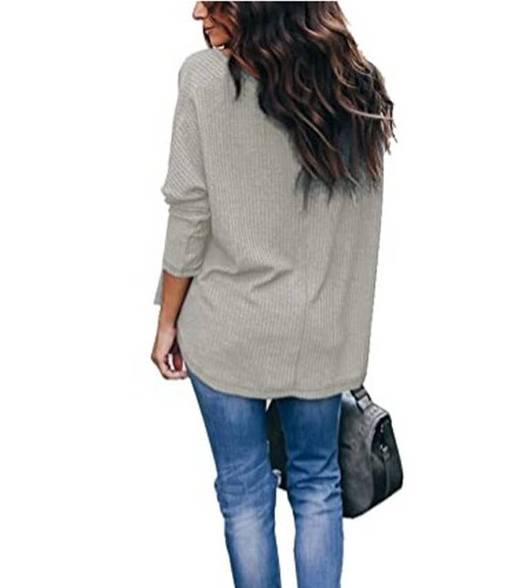 CWTTL1205_V-neck Long Sleeved Loose Knit Top