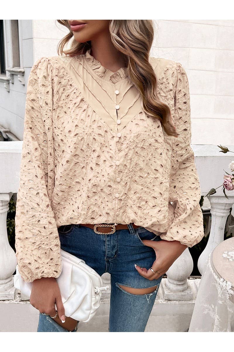 CWTBLL1140_Fashion Woven Hollow Puffy Sleeve Blouse