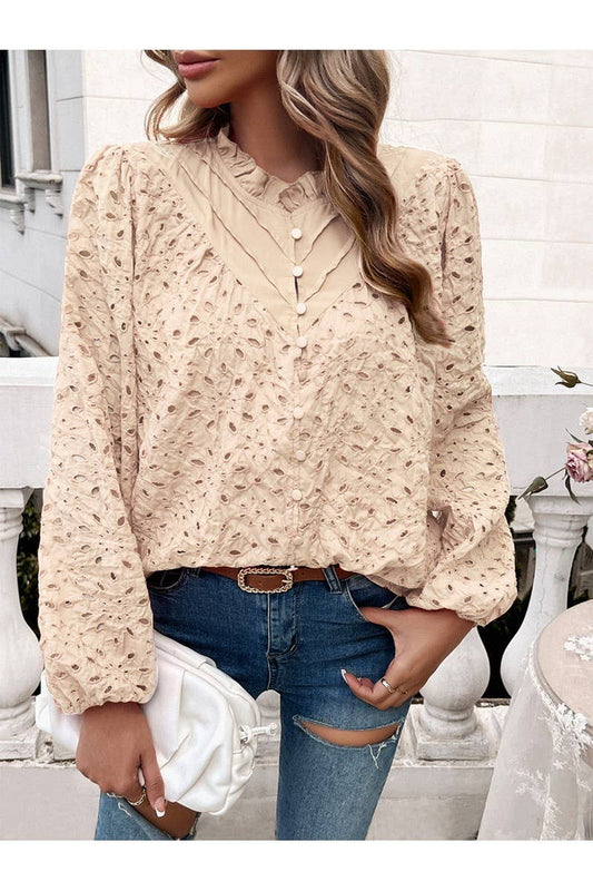 CWTBLL1140_Fashion Woven Hollow Puffy Sleeve Blouse