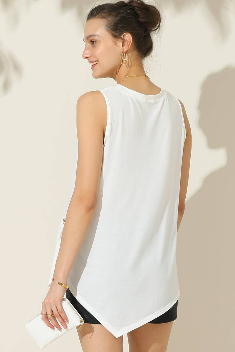 CWTTSL199_U NECK BOTTON SIDE BUTTON UP SLEEVELESS TOP