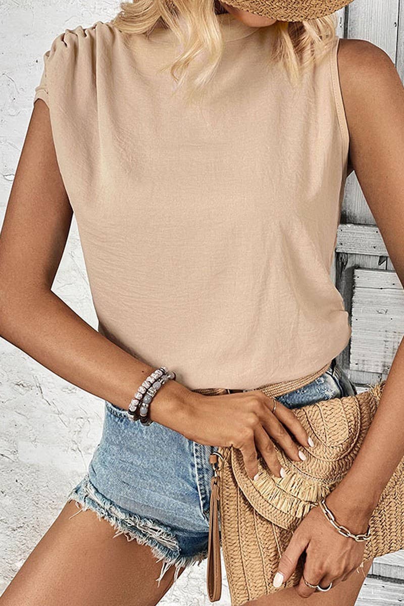 CWTBLSL0886_APRICOT RUCHED SHORT SLEEVE MOCK NECK TOP