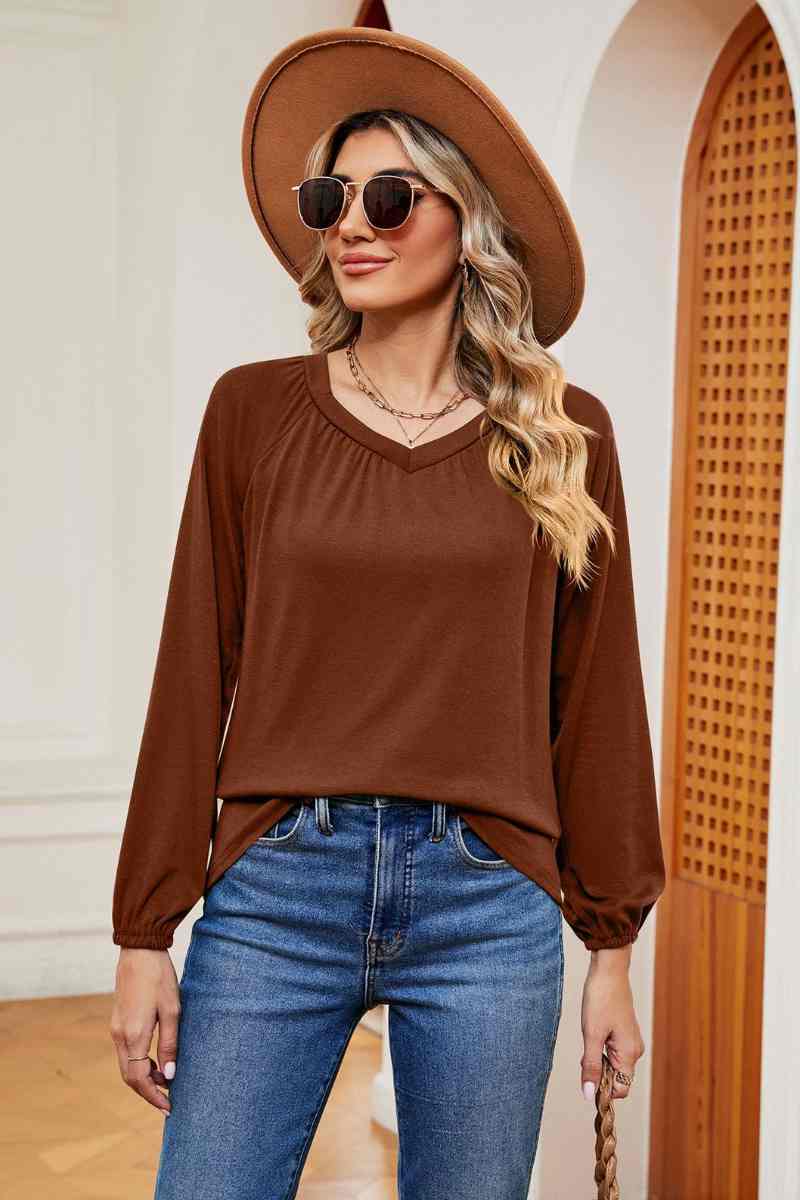 CWTBLL2840_CASUAL SOLID COLOR PLEATED LONG SLEEVE TOP