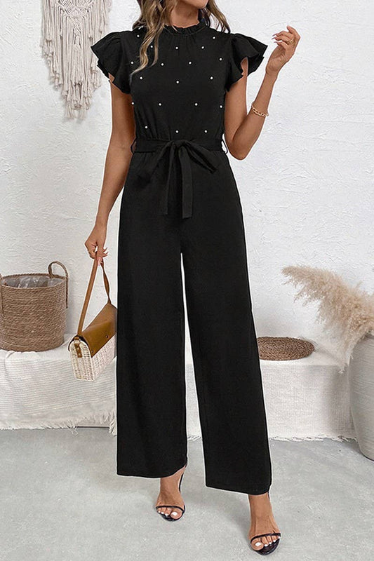 CWSJS1762_SOLID RUFFLE SLEEVE HIGH NECK BELTED JUMPSUIT