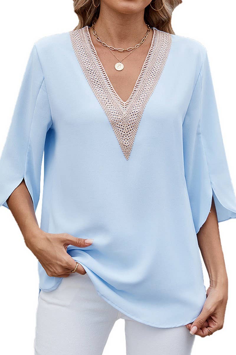 CWTTS1345_SPRING AND SUMMER V-NECK LACE CHIFFON TOP