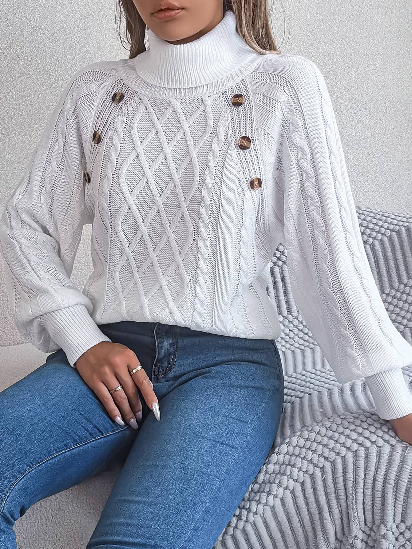 CASUAL TWIST TURTLENECK LANTERN SLEEVE SWEATER