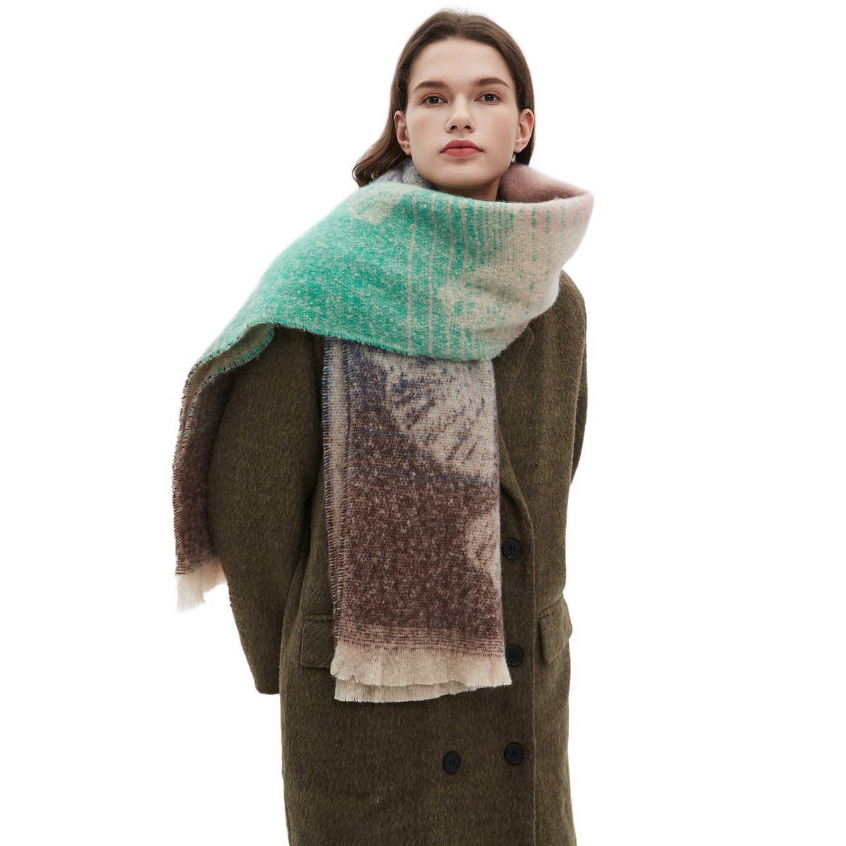 Ginkgo Jacquard Scarf ? Loop Yarn Fringe Winter