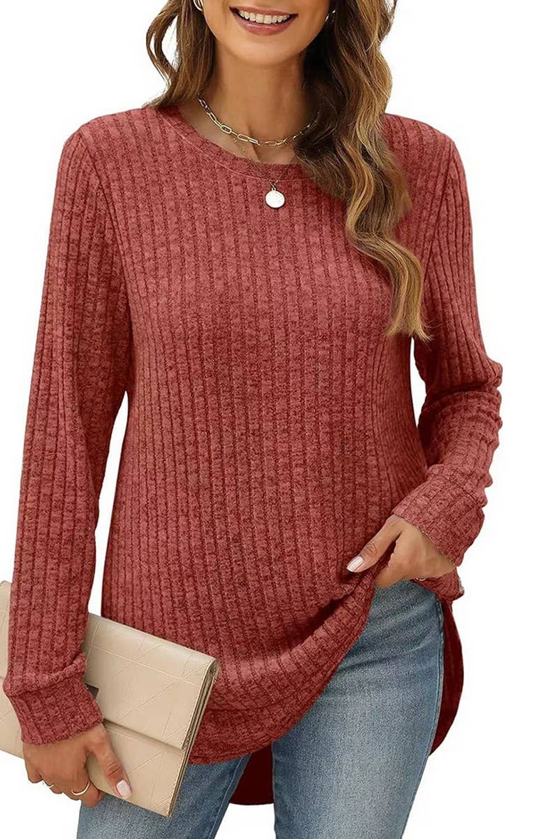 CWTBLL2383_ROUND NECK LONG SLEEVE SLIT SWALLOWTAIL TOP