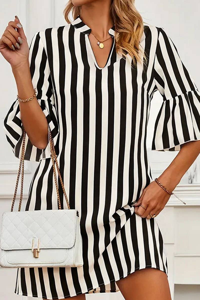 CWDSD7718_SUMMER STRIPED TRUMPET SLEEVE LOOSE A-LINE SKIRT