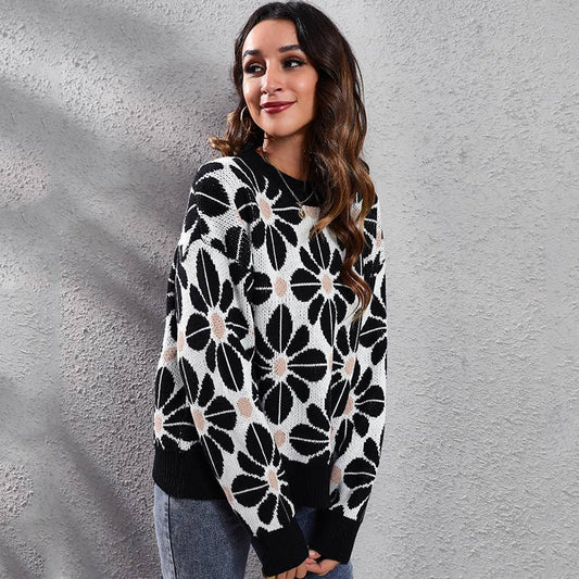FLORAL DROP SHOULDER LONG-SLEEVED KNIT SWEATER