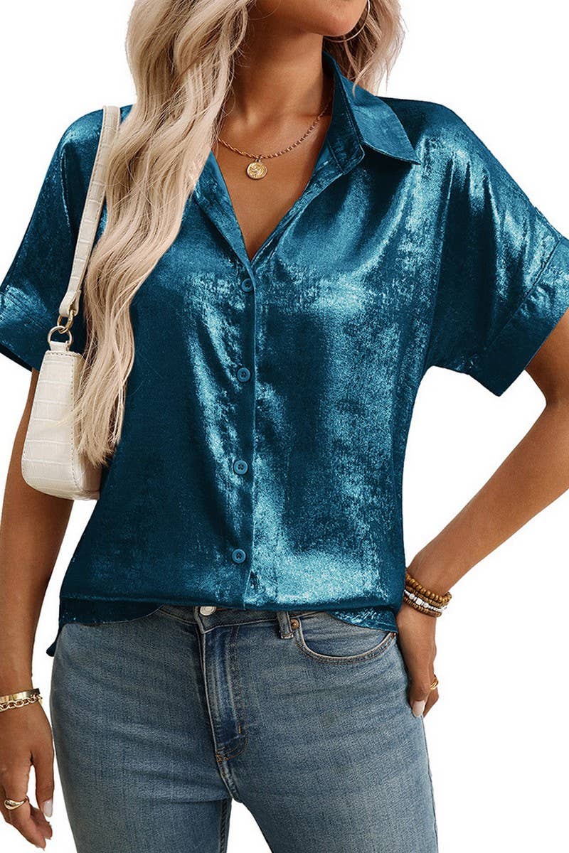 CWTBLS2257_METALLIC COLLARED SHORT SLEEVE RELAXED SHIRT