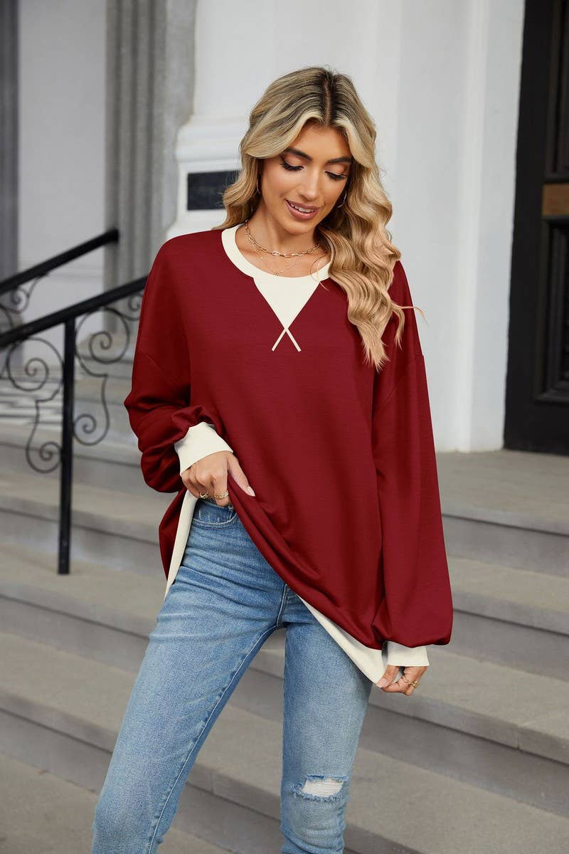 CWTBLL3743_AUTUMN AND WINTER CONTRAST COLOR LOOSE SWEATSHIRT