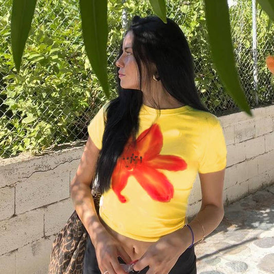 Crew neck slim-fit short-sleeved short T-shirt