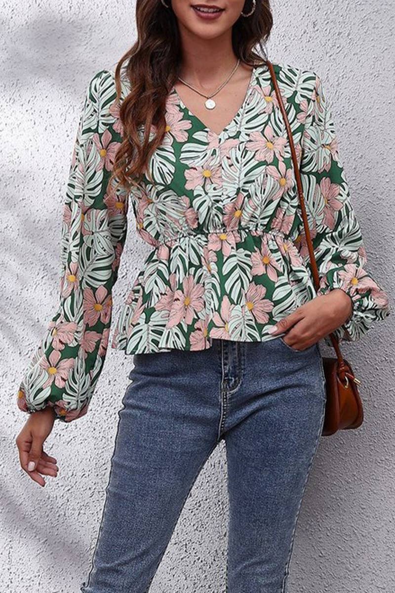 CWTBLL3759_V-NECK LANTERN SLEEVE LEAF PRINT CHIFFON SHIRT