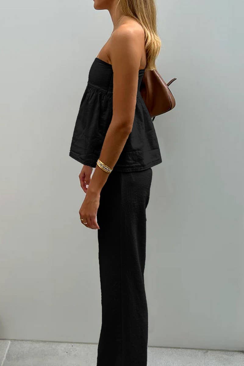 CWSTB00446_CASUAL STRAPLESS TOP AND STRAIGHT PANTS SET
