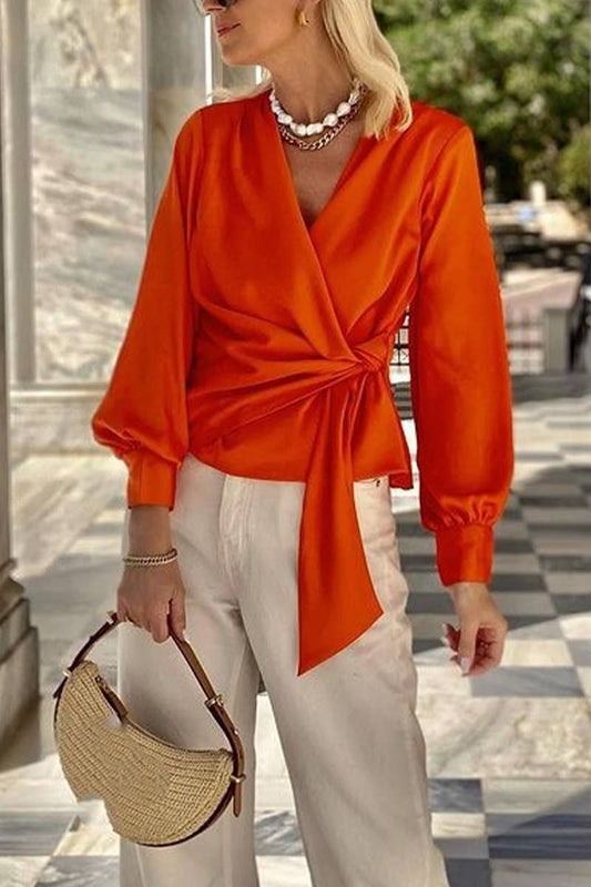 CWTTL2038_V-NECK TIE TEMPERAMENT LONG SLEEVE SHIRT