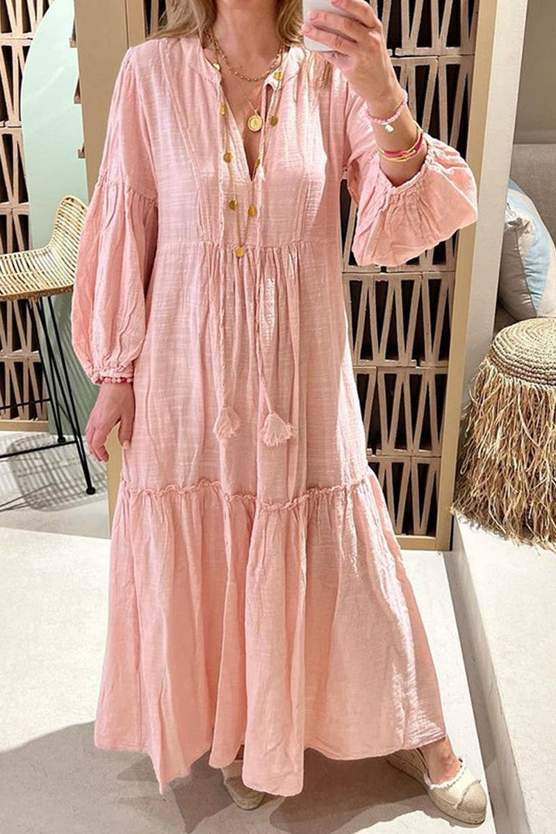 CWDMD2105_V-NECK BOHEMIAN COTTON AND LINEN LONG DRESS