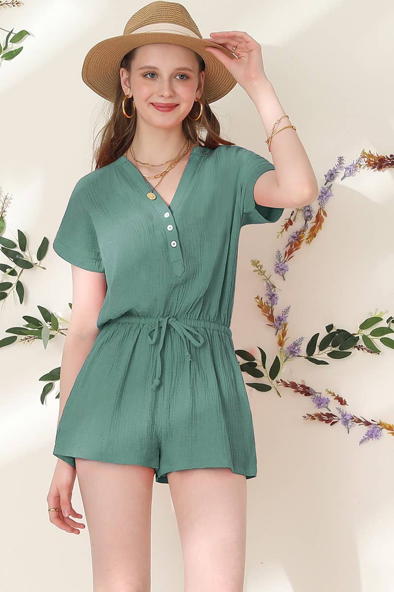 CWSJS224_HENLEY NECK SHORT SLEEVE JUMPSUIT ROMPER