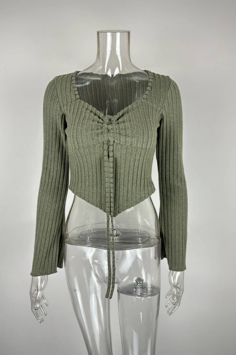 CWTBLL3790_V NECK DRAWSTRING FLARE SLEEVE CROP TOP