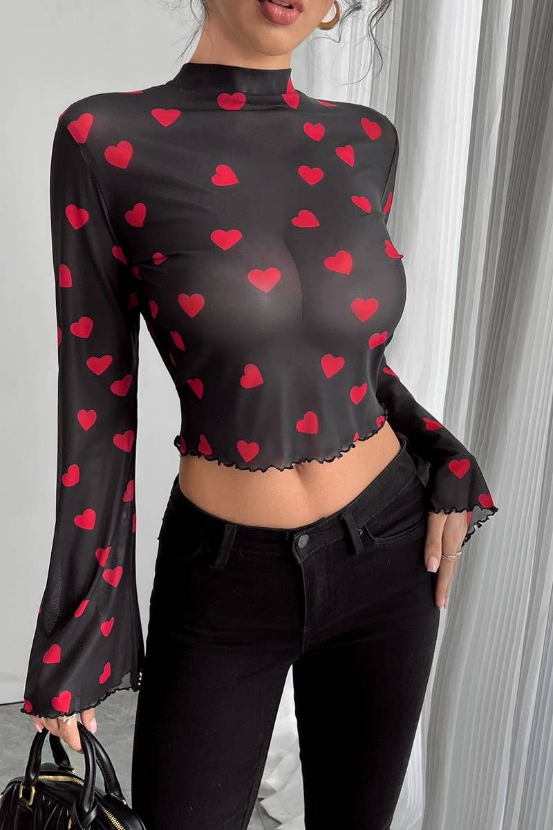 CWTBLL3925_MESH PRINT BELL SLEEVE LONG SLEEVE CREW NECK TOP