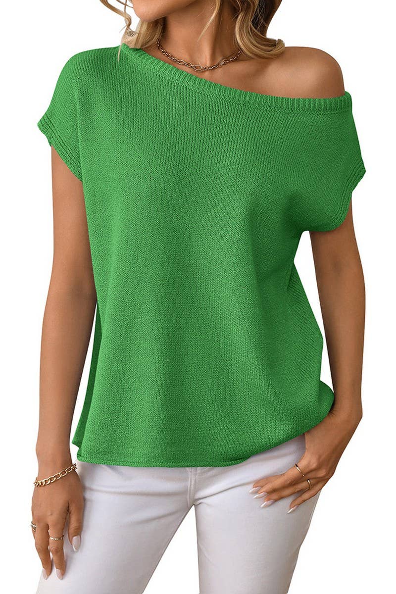 CWOSWS0129_SOLID COLOR KNITTED SHORT-SLEEVED PULLOVER TOP