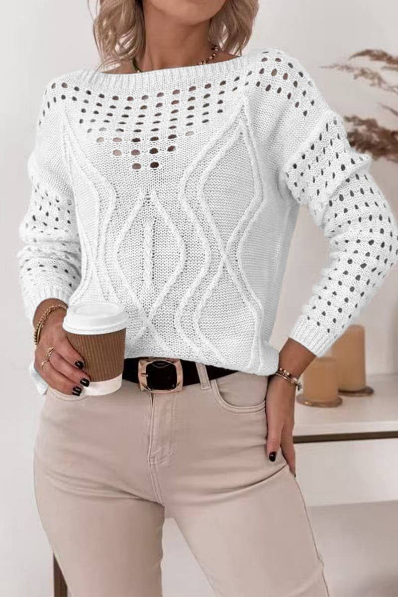 CWOSWL6866_CHIC OFF SHOULDER LOOSE KNIT HOLLOW OUT SWEATER