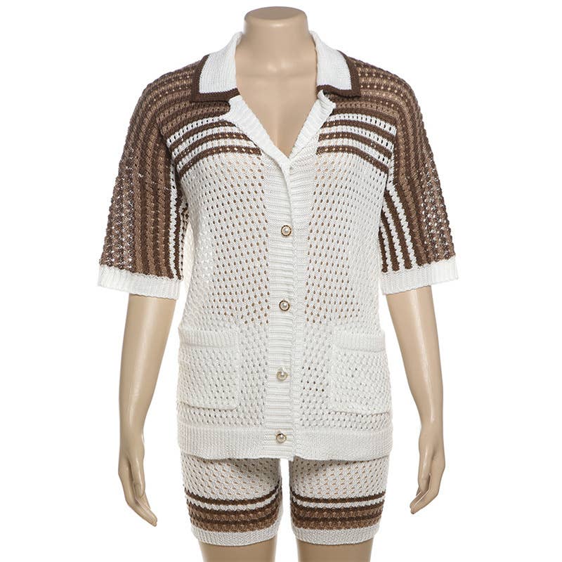 CUT-OUT LAPEL TOP HIGH-WAISTED SHORTS KNIT SUIT