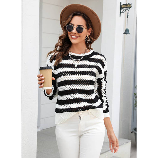 Cut-out striped crew neck long-sleeved pullover sweater