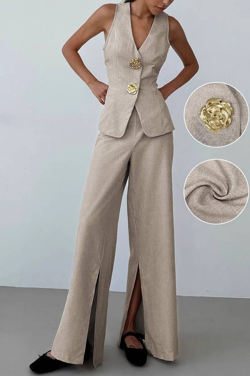 CWSTB2163_LIGHTWEIGHT V-NECK VEST & SLIT WIDE-LEG PANTS SET