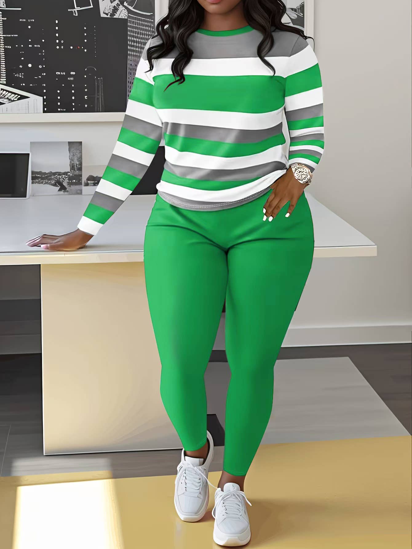 COLOR MATCHING STRIPED SHIRT PANTS TWO-PIECE SET