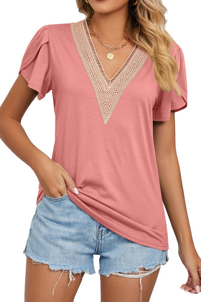 CWTBLS0872_V-NECK GOLD LACE SHORT-SLEEVED T-SHIRT