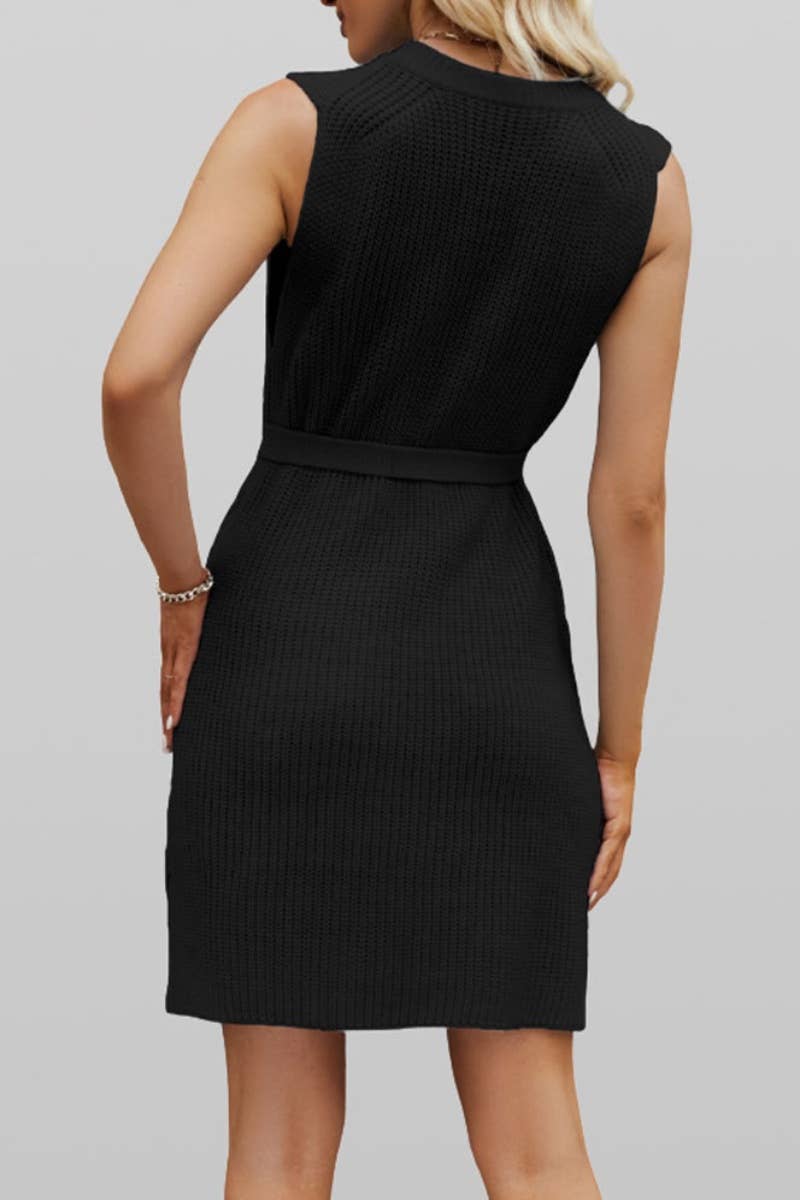 CWDSD3929_WOMEN'S KNITTED CREW NECK SLEEVELESS SHORT DRESS