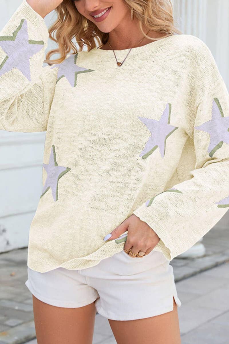 CWOSWL5205_FALL CREW NECK KNITTED STAR LONG SLEEVE SWEATER