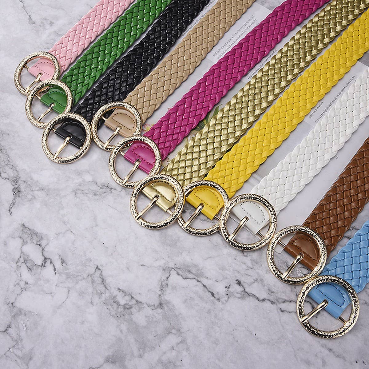 METAL ROUND BUCKLE PATENT LEATHER BRAIDED WIDE BELT