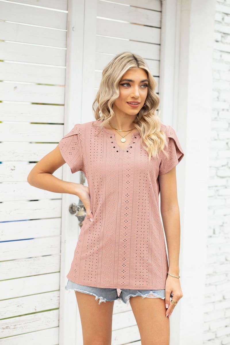 CWTTS0866_V-Neck Short Sleeve Blouse