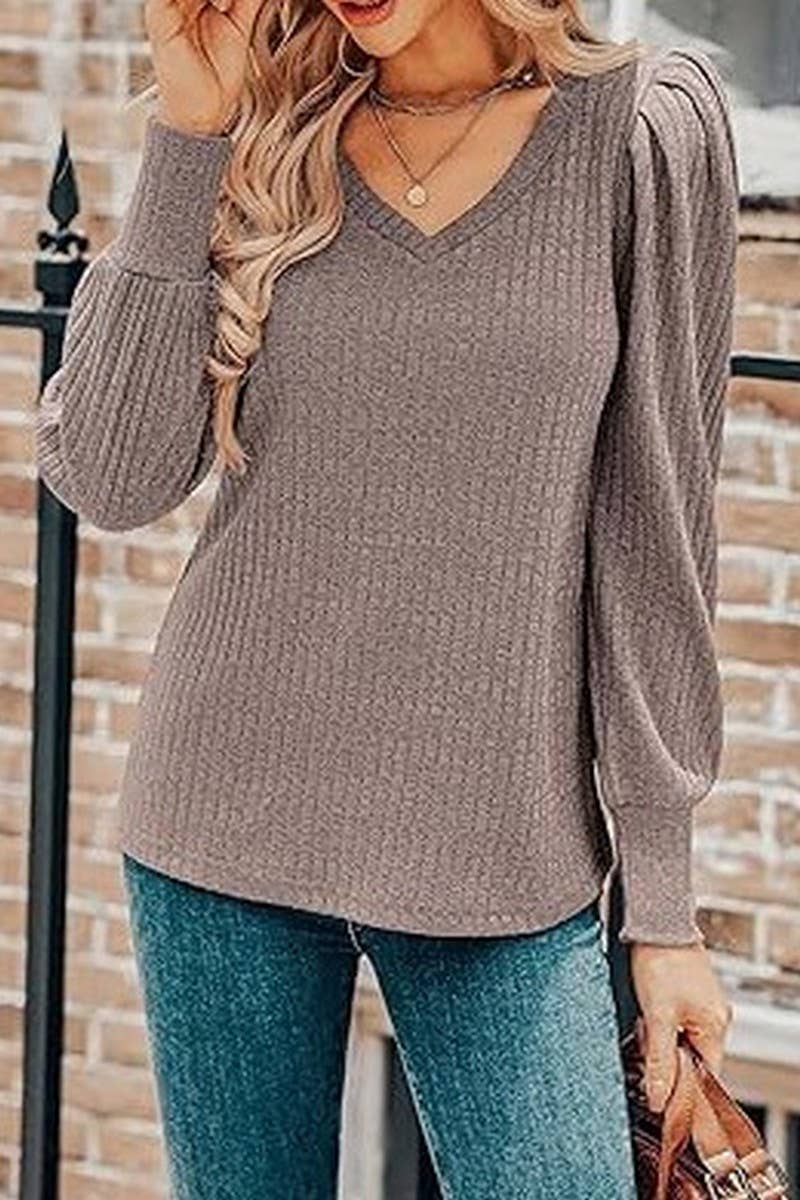 CWTBLL01073_V-NECK LONG-SLEEVED PUFF-SLEEVED TOP