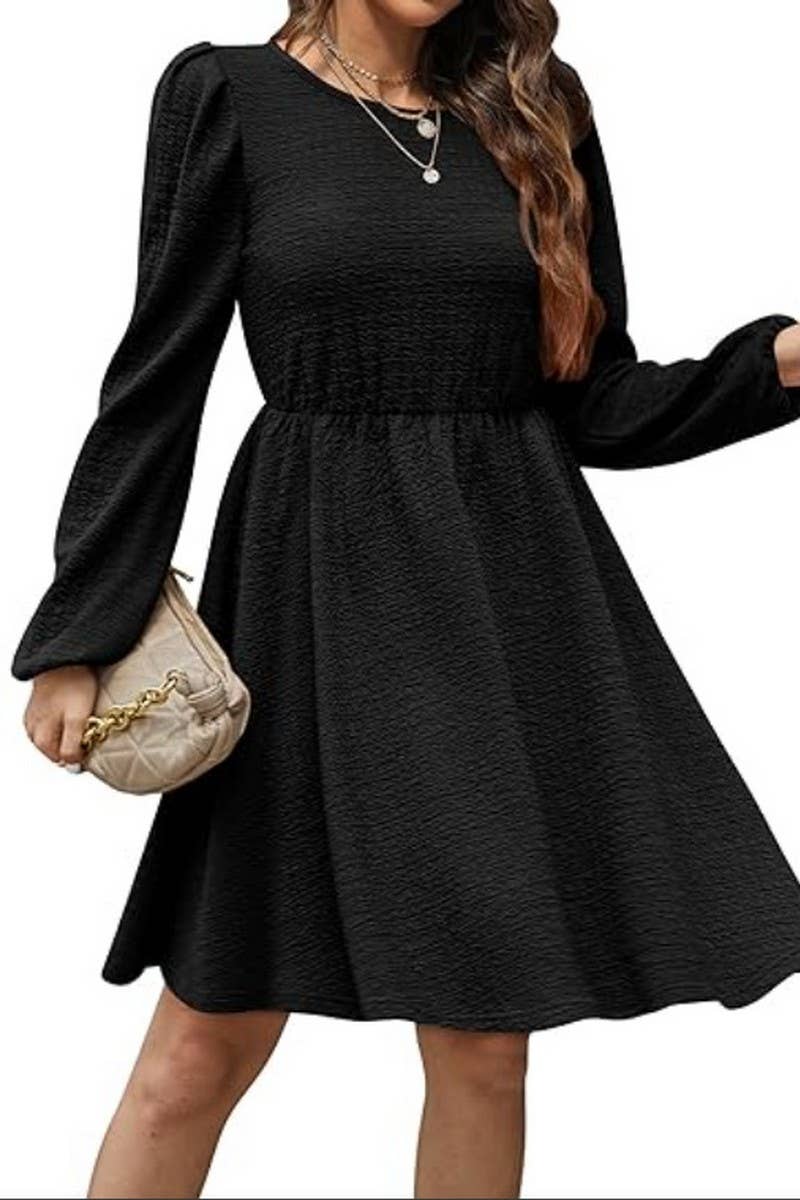 CWDSD10646_PUFF SLEEVE ROUND NECK HIGH WAIST DRESS