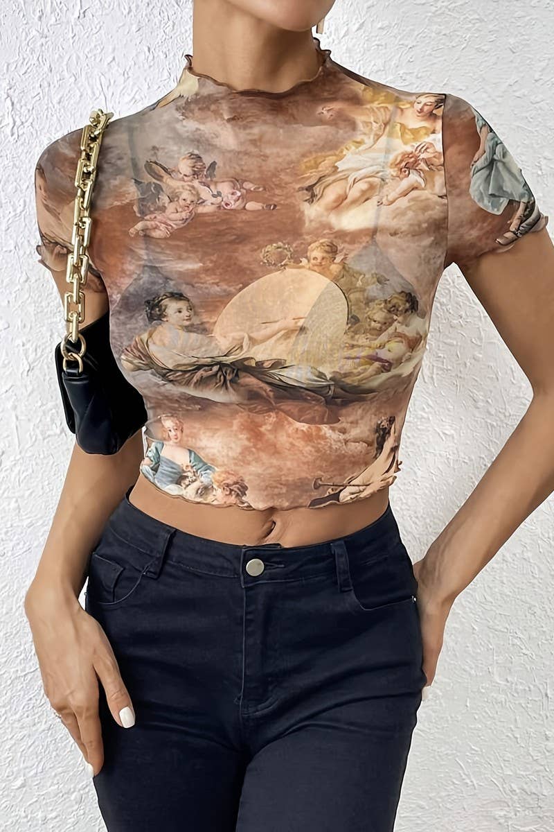 CWTBLS1534_MESH PRINTED RUFFLED SHORT SLEEVE T-SHIRT TOP