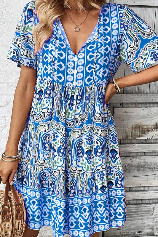 CWDSD4887_V-NECK SHORT SLEEVE BOHO PRINT DRESS SHORT
