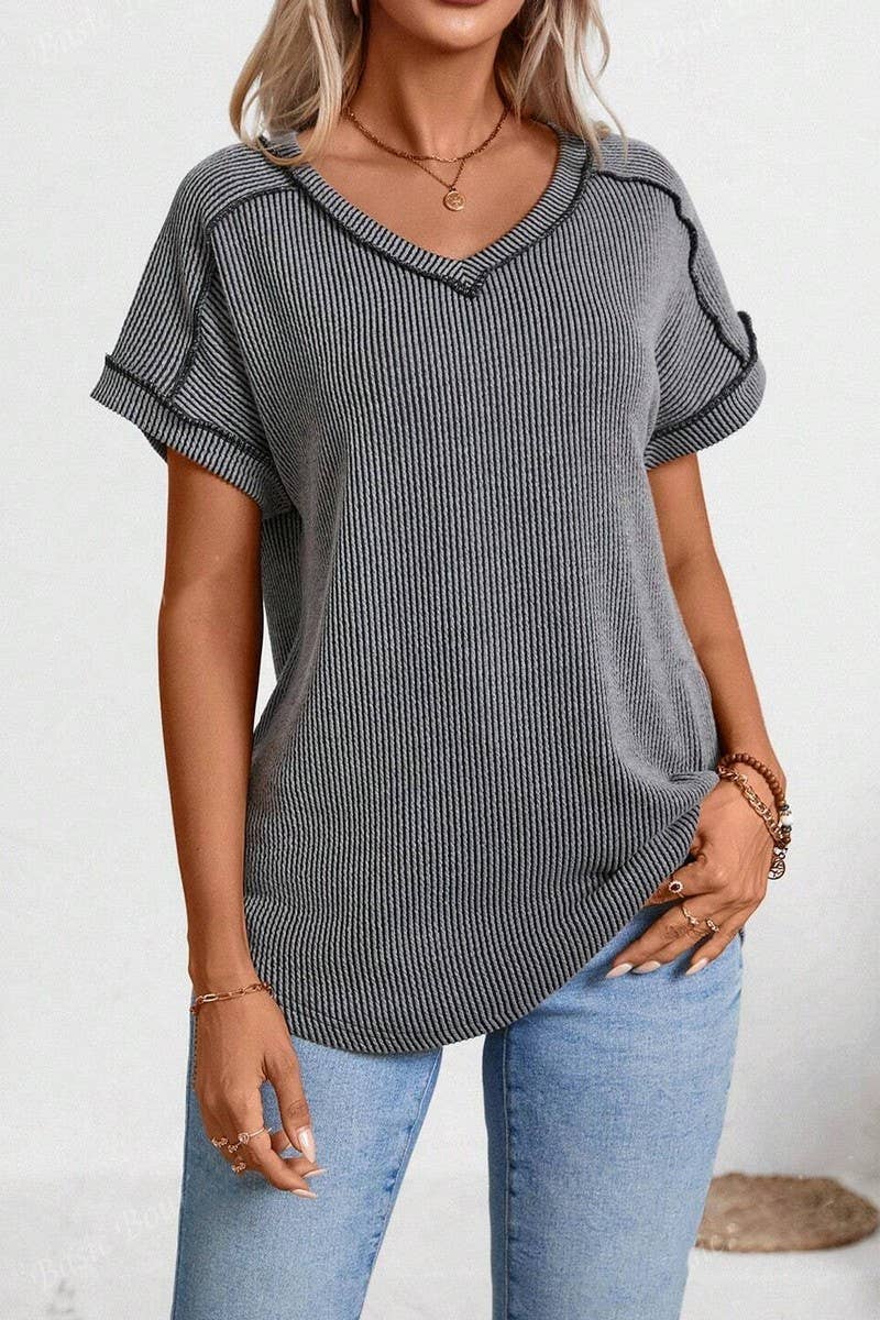CWTTS1383_FASHIONABLE V-NECK TWISTED SHORT-SLEEVED TOP