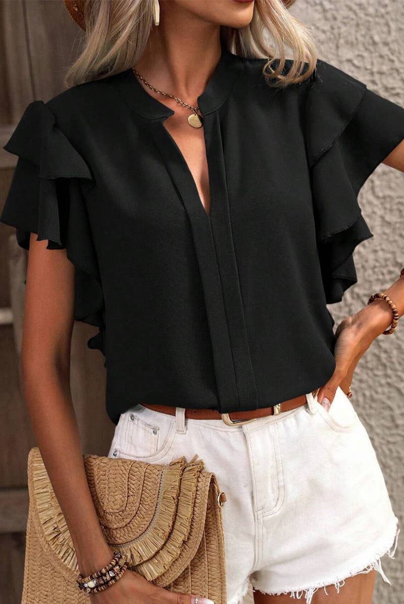 CWTSTS0666_SUMMER V-NECK CASUAL RUFFLE SLEEVE SHIRT