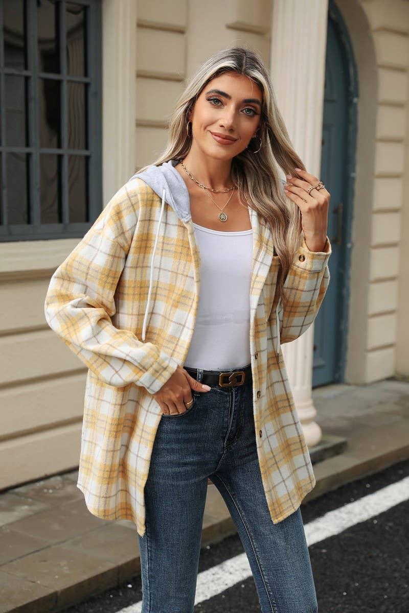 CWOCO0491_HOODED BUTTON-DOWN PLAID LONG-SLEEVED COAT