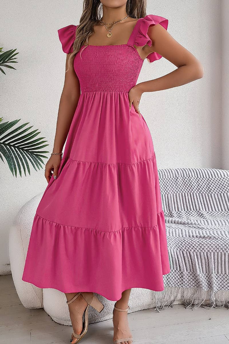 CWDMD2662_A-LINE DRESS WITH SQUARE COLLAR WOODEN EAR EDGE