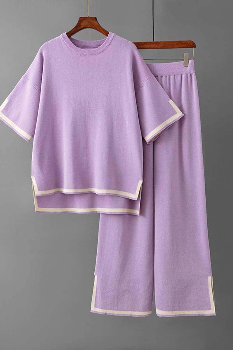 CWSTB00422_COLORBLOCK KNIT TOP & HIGH WAIST WIDE LEG SET