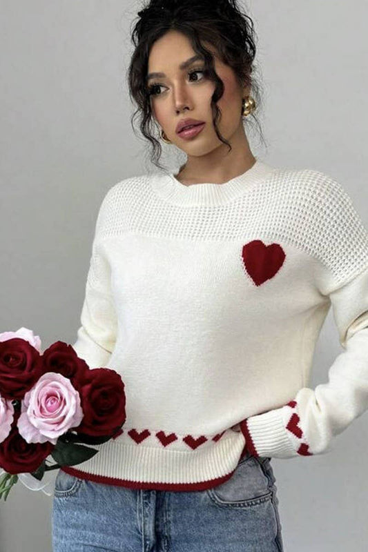 CWOSWL07352_LOOSE PULLOVER CREWNECK HEART KNIT SWEATER