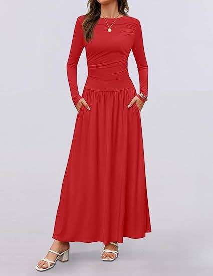 CREW NECK PLEATED POCKET SLIM LONG-SLEEVE DRESS
