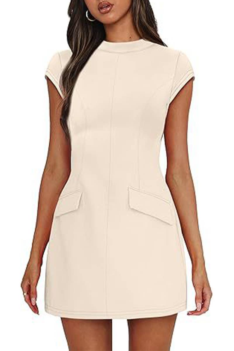 CWDSD8810_ROUND NECK BODYCON PARTY CLUB SHORT SLEEVE DRESS
